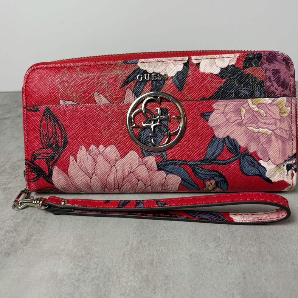 GUESS Red Floral Zip Around Wristlet Wallet Clutch - Picture 2 of 12